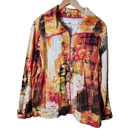 ONQUE CASUALS Orange Red Brown Full Zip Burnout Print Lightweight Jacket SZ XS - Picture 1 of 8